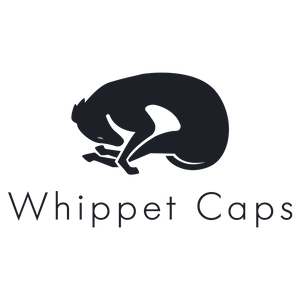 Whippet Caps logo silhouette of dog sleeping